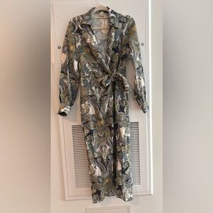 magaschoni shirt dress Magaschoni Linen Blend Button Front Pockets Belted Maxi Shirt Dress sz L  $228